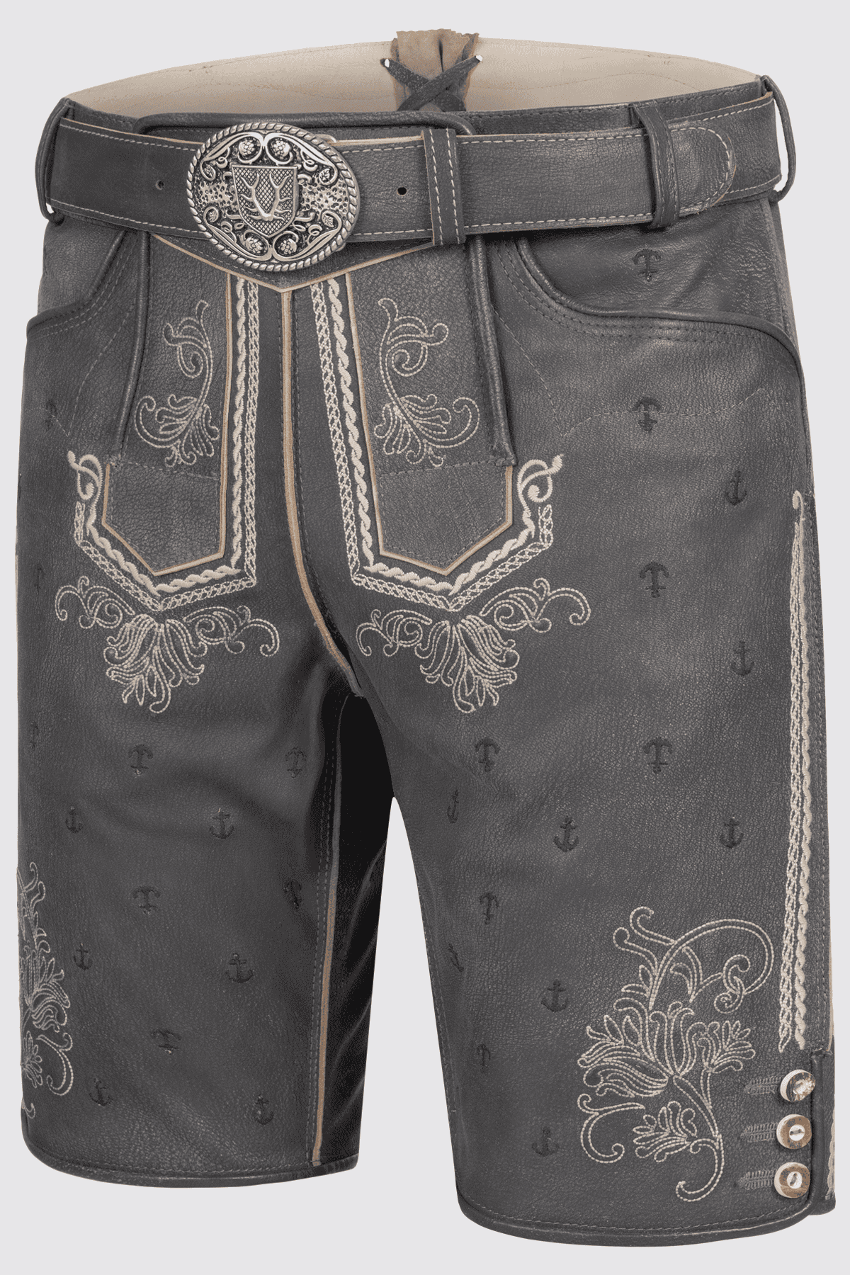 Krüger Lorenzo Lederhose Kurz - Grau-Braune Trachtenhose Mit Gürtel